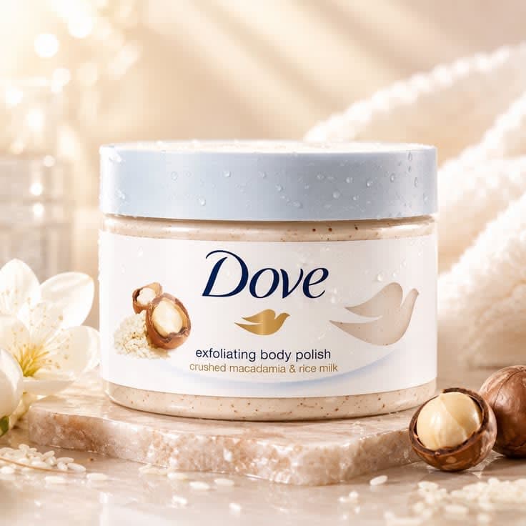 Dove Exfoliating Body Scrub – Crushed Macadamia & Rice Milk Scent 225ml